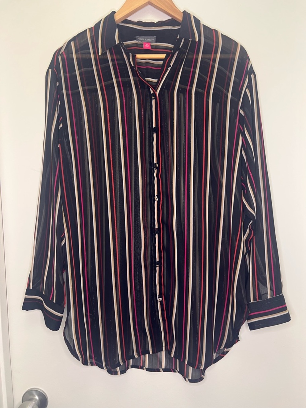 Vince Camuto Sheer Striped Blouse Size M Black Pink Gold Button Front Top - Picture 2 of 8